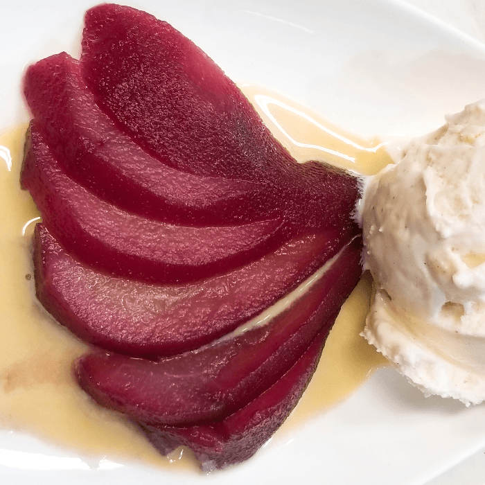 Poached Pear with Vanilla Ice Cream 