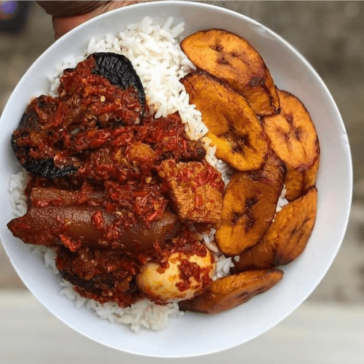 White Rice & Stew, Moi-Moi, Plantains