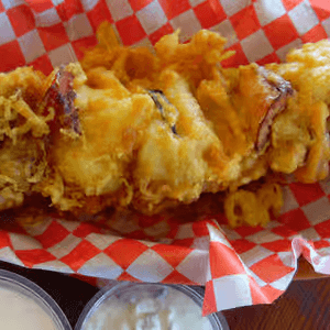 Fish Kabob with chips.