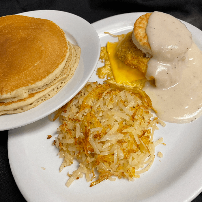 Chicken Biscuit Plate with 2 Pancakes