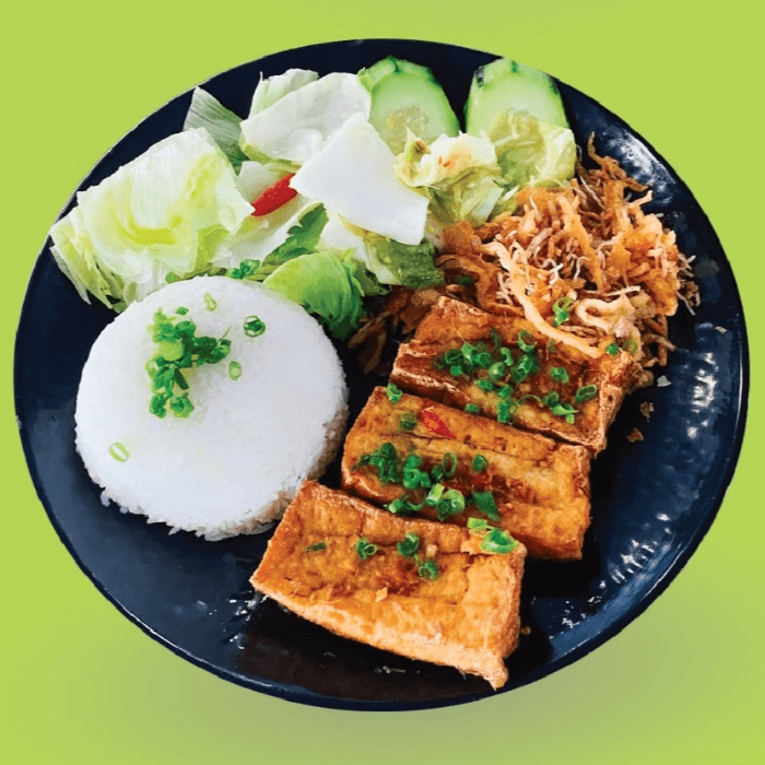 C11 MARINATED FRIED LEMONGRASS TOFU , SHREDDED FRIED TARO & VEGGIE EGGROLL  / Cơm Đậu Hủ Xả, Bì Chay & Chả Giò