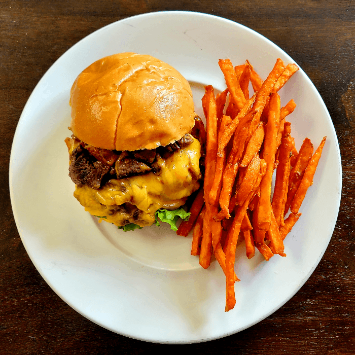 Teriyaki Bacon & Beef Tenderloin Burger & Sweet Potato Fries