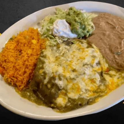 Three Chicken Blue Corn Flat Stuck Enchiladas, Rice & Beans, Etc.