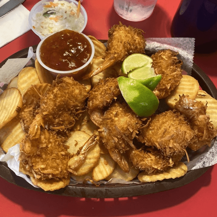 Coconut Shrimp Basket with fries and slaw