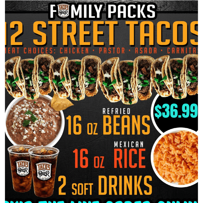 12 Tacos, Beans, Rice, Soft Drinks Family Pack