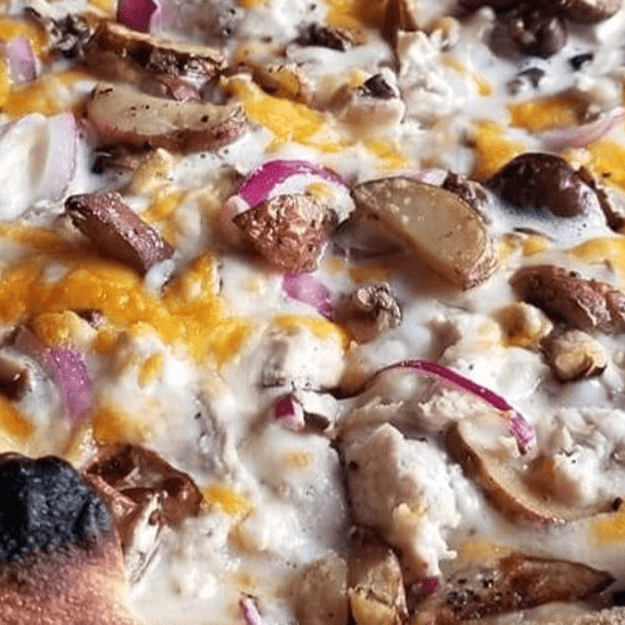 Lemon Chicken Cheddar Cauliflower Pizza.