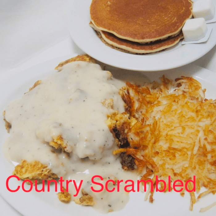 Country Scramble Plate with 2 Pancakes