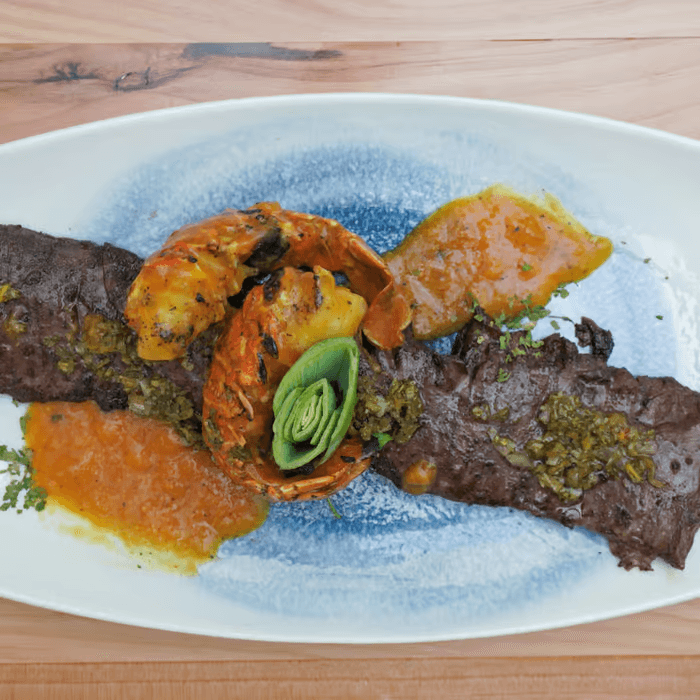 Mar Y Tierra (Churrasco Y Camarones) / Surf and Turf (Skirt Steak & Shrimp) Platter.