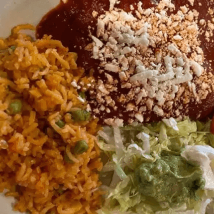 Three Enchiladas Mexicanas, Rice & Beans, Etc. Substitute one enchilada for a crispy taco? see Bellow.