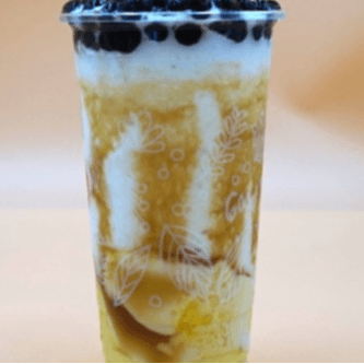 I05. Iced Milk Drink W/ Egg Pudding & Honey Boba.