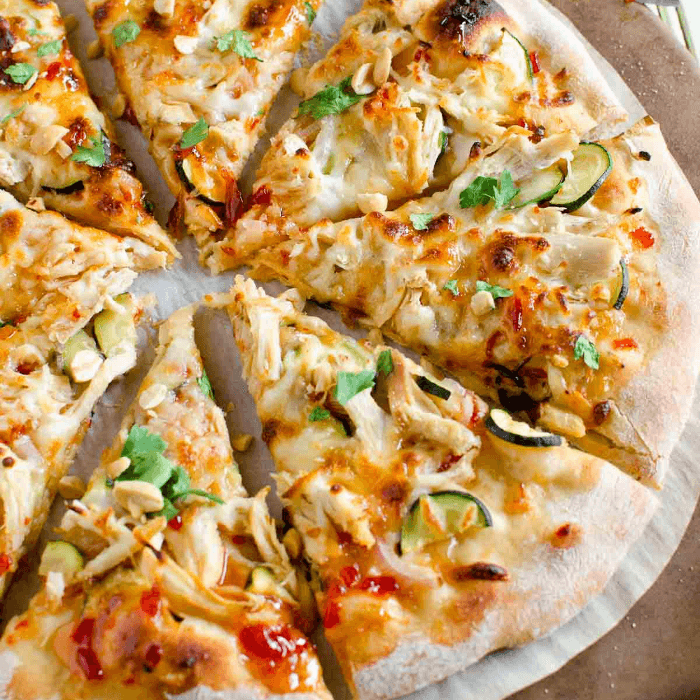 Thai Chicken Pizza with Thai Chili Sauce/Bacon and Onions Slice