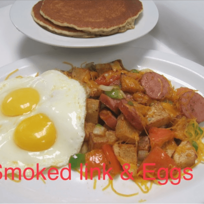 Smoked Link and Eggs Plate with 2 Pancakes