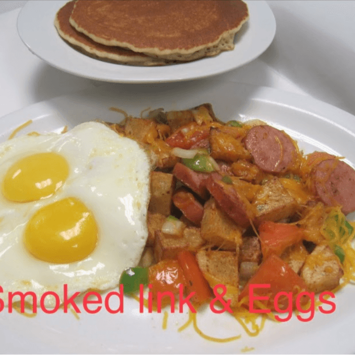 Smoked Link and Eggs Plate with 2 Pancakes.