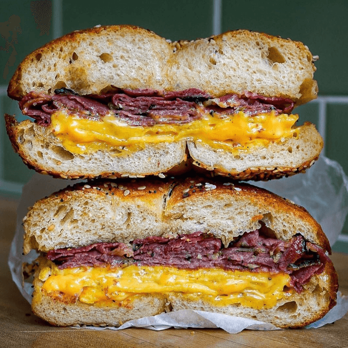 Bagel with Two Egg, Pastrami, and Cheese