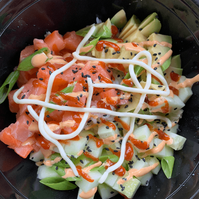 Spicy salmon poke bowl