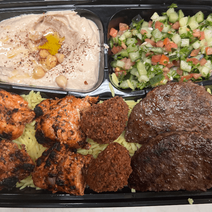 Desert Storm Plate (Beef Kafta, Chicken Kababs, Falafel)