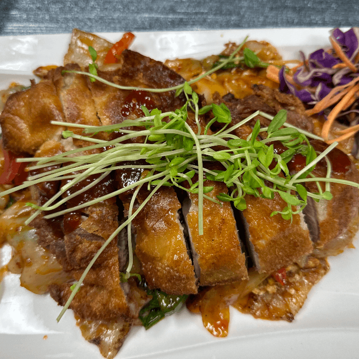 Crispy Duck or Soft Shell Crab Over Drunken Noodles.