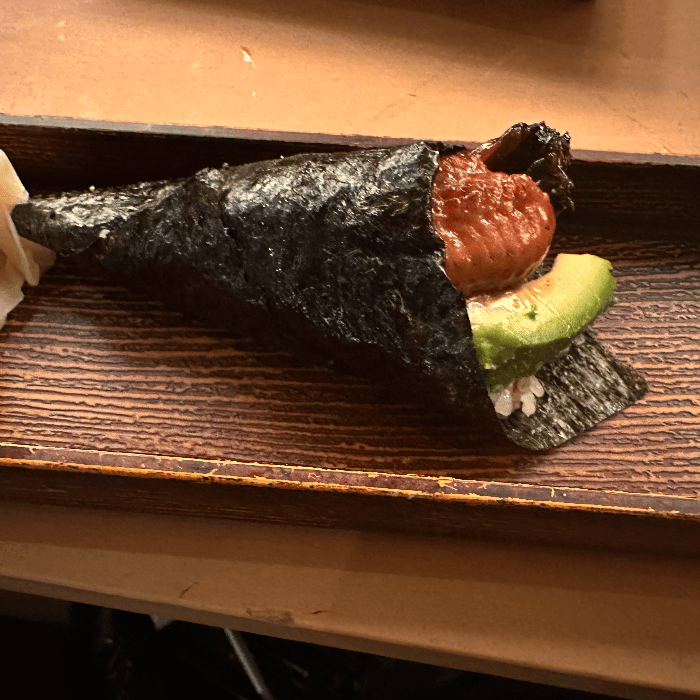 Eel and Avocado Hand Roll.