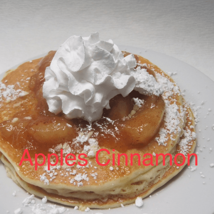 3Apple Cinnamon Pancake with Whipped Cream and Powdered Sugar.