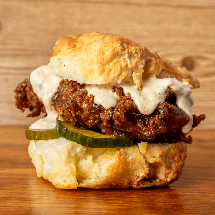 Fried Chicken with Scallion Aioli and Pickles Biscuit