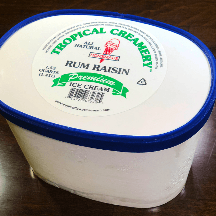 Tropical Creamery Rum & Raisin Ice Cream.
