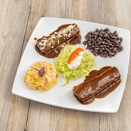 Three Chicken Mole Enchiladas, Rice & Beans, Etc. Substitute one enchilada for a crispy taco? see Bellow.