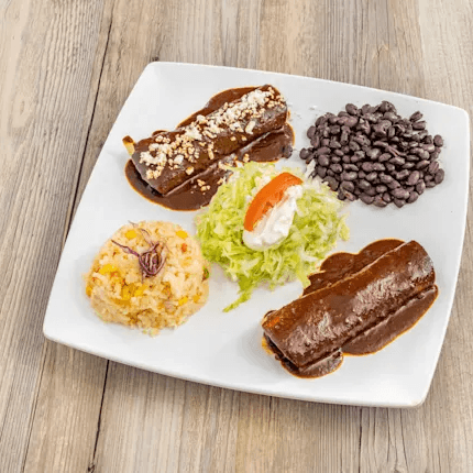 Three Chicken Mole Enchiladas, Rice & Beans, Etc. 