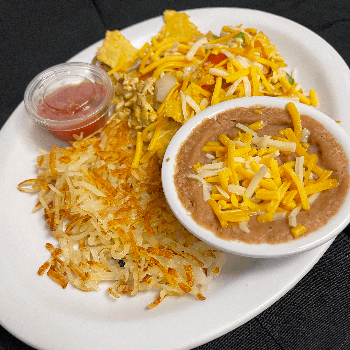 Migas Plate with Side Hash Browns.