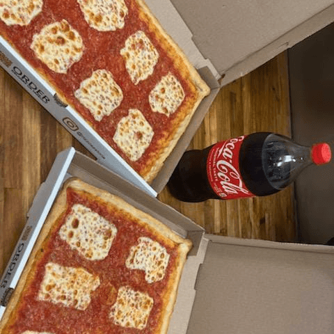 2 Square Cheese Pizza + Free 2ltr Soda.