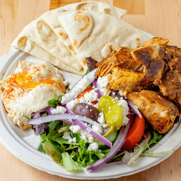 Greek Gyro Platter. (Pita Bread, Greek Salad, Tzatziki Sauce, & Hummus)