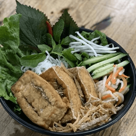 B11 Bún Đậu hũ, Bì chay, Chả giò/Lemongrass Tofu, Fried Shredded Taro and Veggie Egg Roll Vermicelli