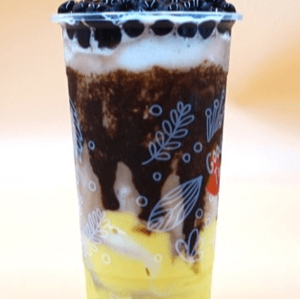 I07. Iced Milk Drink W/ Chocolate, Pudding, & Honey Boba.