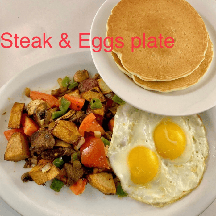 Steak and Eggs Plate with 2 Pancakes.