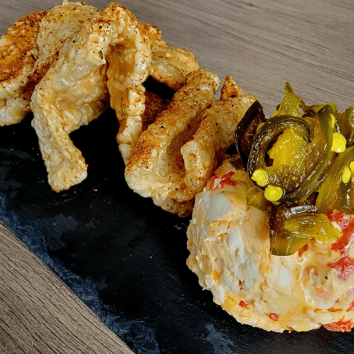 Pimento Cheese and Chili Lime Chicharrones