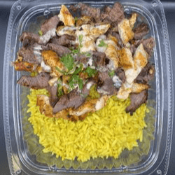 Chopped Lamb and Chicken Kabob Rice Bowl