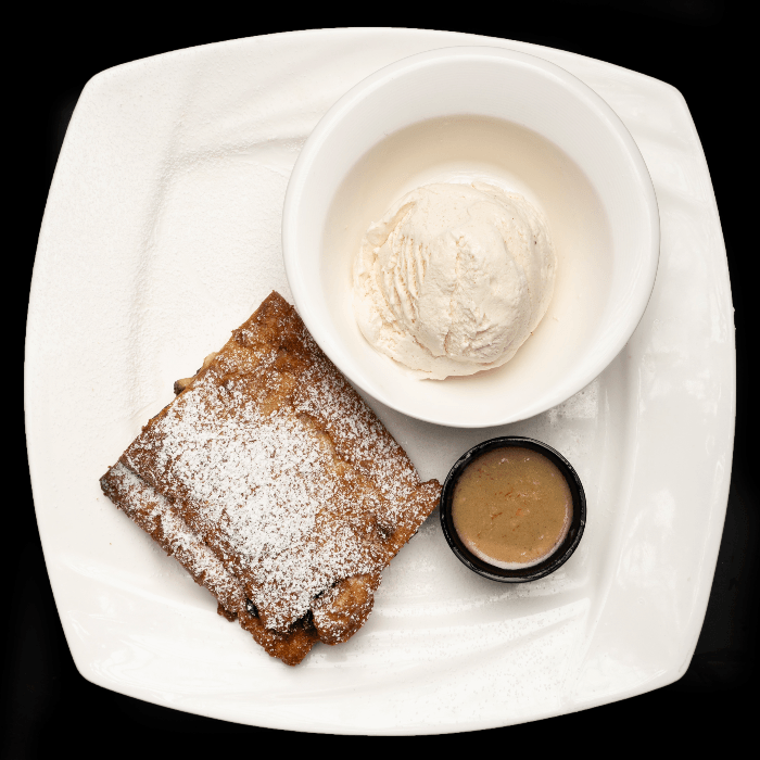 Deep Fried Bread Pudding with Cinnamon Ice Cream.