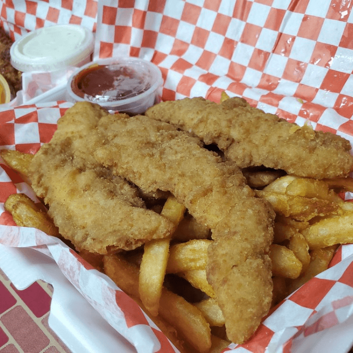Three Pieces Chicken Fingers with Fries.