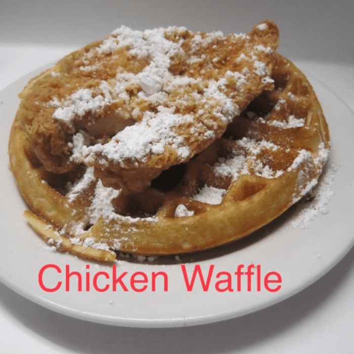 Chicken Waffle with Powdered Sugar.
