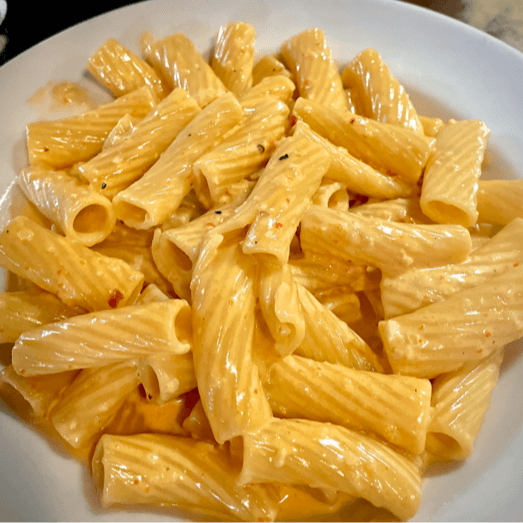 Rigatoni with Roasted Bell Pepper Cream Sauce.