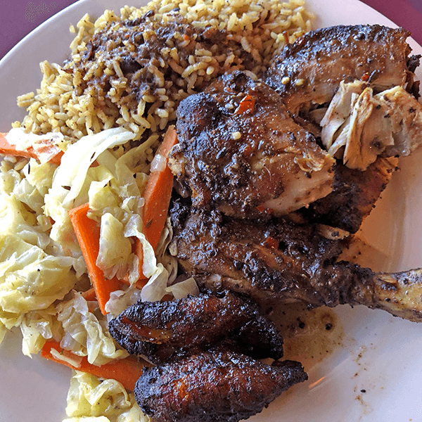 1. Jerk Chicken, with Cabbage, Rice & Peas