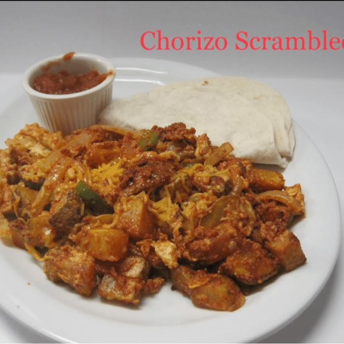 Chorizo Scramble Plate with 3 Flour Tortillas