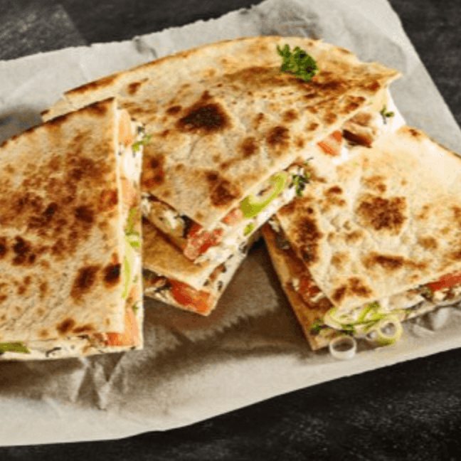 Shredded Chicken Quesadilla Plate with Rice & Beans, Etc.
