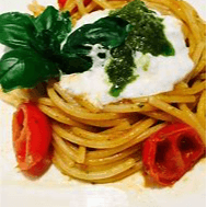 Spaghetti ,Tomato basil pesto and Burrata 