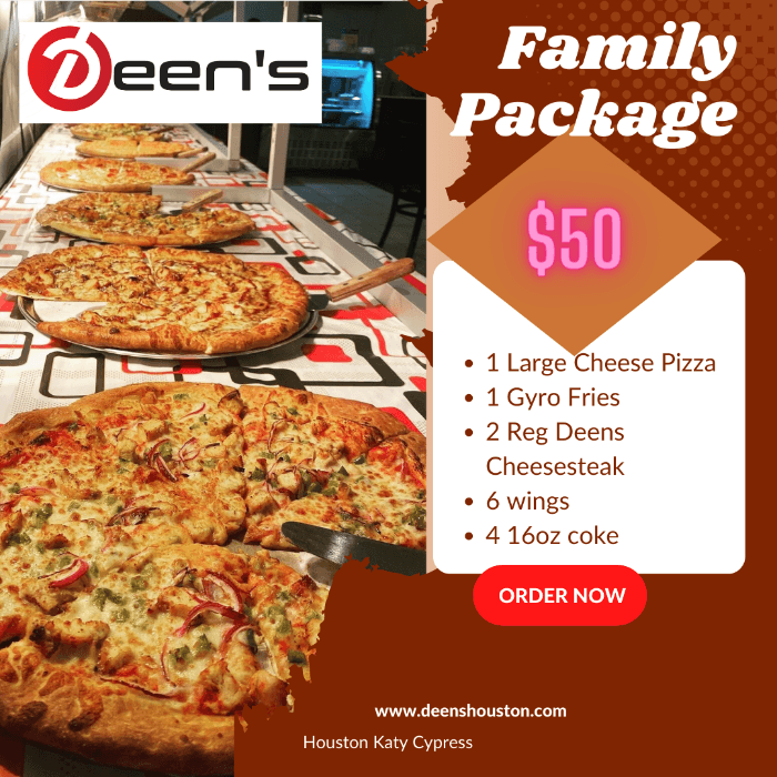 Family Package 1 large Cheese Pizza 1 Gyro Fries 2 Reg Deens cheesesteak  6 wings 4 16 oz coke