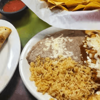 5 - One Beef Quesadilla, One Enchilada, Rice and Beans